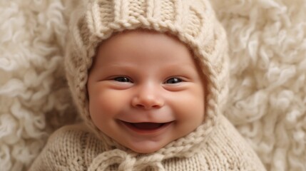 Smiling Caucasian infant in studio setting. Generative AI