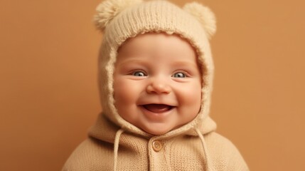 Smiling Caucasian infant in studio setting. Generative AI