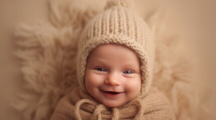 Joyful European baby against beige studio background. Generative AI