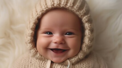 Smiling European infant on beige backdrop. Generative AI