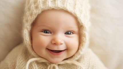 Fototapeta na wymiar Cheerful Caucasian infant in neutral clothing. Generative AI