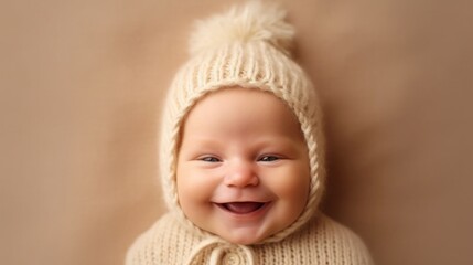Beaming baby against beige studio background. Generative A
