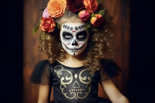 portrait of little girl with costume for halloween or day of dead dia de los muertos 