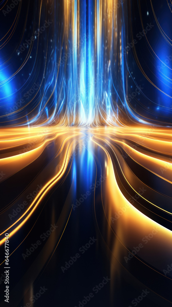 Poster Abstract background with gold and blue glowing neon moving high speed line and wave and bokeh lights horizontal to vertical. Data transfer concept, reflect on the floor.