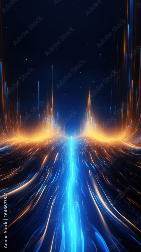 Poster Abstract background with gold and blue glowing neon moving high speed line and wave and bokeh lights horizontal to vertical. Data transfer concept, reflect on the floor.