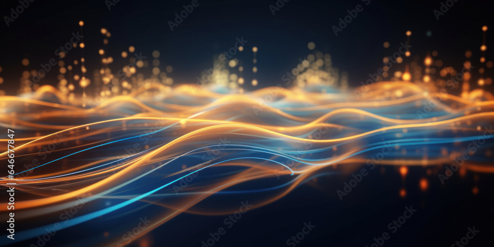 Poster abstract background with gold and blue glowing neon moving high speed line and wave and bokeh lights