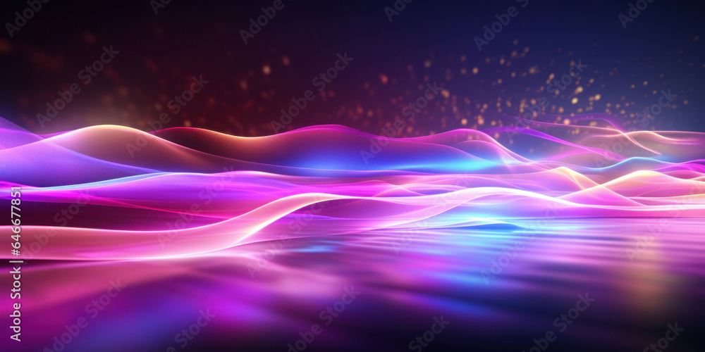 Poster Abstract background with colorful glowing neon moving high speed line and wave and bokeh lights horizontal to vertical. Data transfer concept, reflect on the floor.