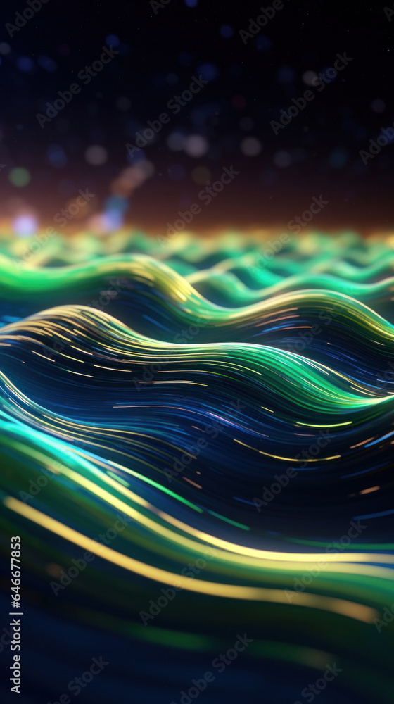 Poster abstract background with gold, green, blue glowing neon moving high speed line and wave and bokeh li
