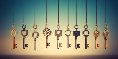 A selection of many vintage keys hanging on chains on a dark grunge background
