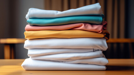 Close up a stack of colored laundry against a blurred room background