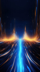 Obraz premium Abstract background with gold and blue glowing neon moving high speed line and wave and bokeh lights horizontal to vertical. Data transfer concept, reflect on the floor.