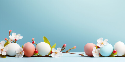 Colorful Easter eggs with spring blossom flowers on soft blue background.