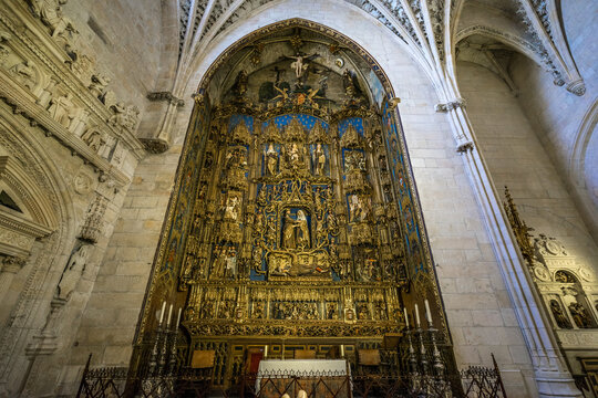 Burgos, Spain - March 24, 2017. Altarpiece by Gil de Siloe at Saint Anne Chapel or Chapel of the Conception (Capilla de Santa Ana o de la concepcion) in Burgos Cathedral.