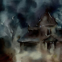 Paint a watercolor picture of a haunted house with a scary atmosphere.Creative AI design.