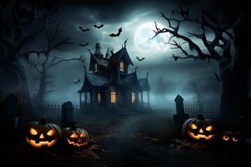 Haunted spooky Halloween house with bats and soft mist, pumpkins scattered around, with empty copy space Generative AI