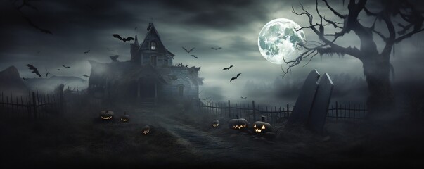 Haunted spooky Halloween house with bats and soft mist, pumpkins scattered around, with empty copy space Generative AI