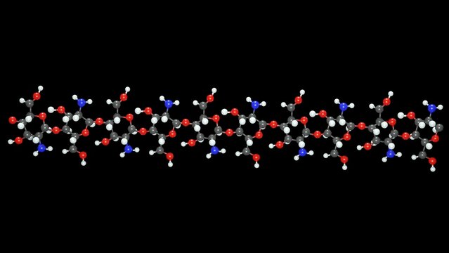 isolated Chitin molecule in the black background. chitin is a long-chain polymer of N-acetylglucosamine molecules from polysaccharides family 3d rendering