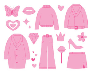 Barbiecore set. Pink trendy set, pink doll aesthetic accessories and clothing. Vector illustration