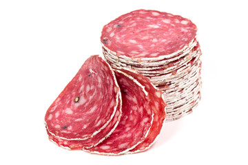 Slices of salami sausage on a white background