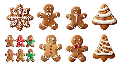 set of gingerbread cookies with the shape of a man, a snowflake and a Christmas tree with white icing on transparent. Christmas gingerbread