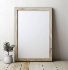 Fototapeta na wymiar Old wooden frame mockup close up on white wall, 3d render