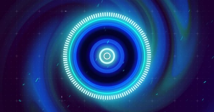Blue data loading ring and interference over glowing green and blue lights
