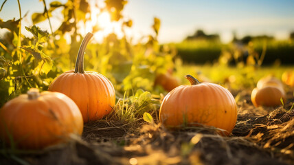 Ripe pumpkins in a pumpkin patch in the autumn