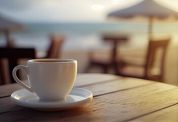 Sea and sunrise in morning. Sipping serenity. Morning coffee cup on sandy shore. Seaside delight. Beach cafe