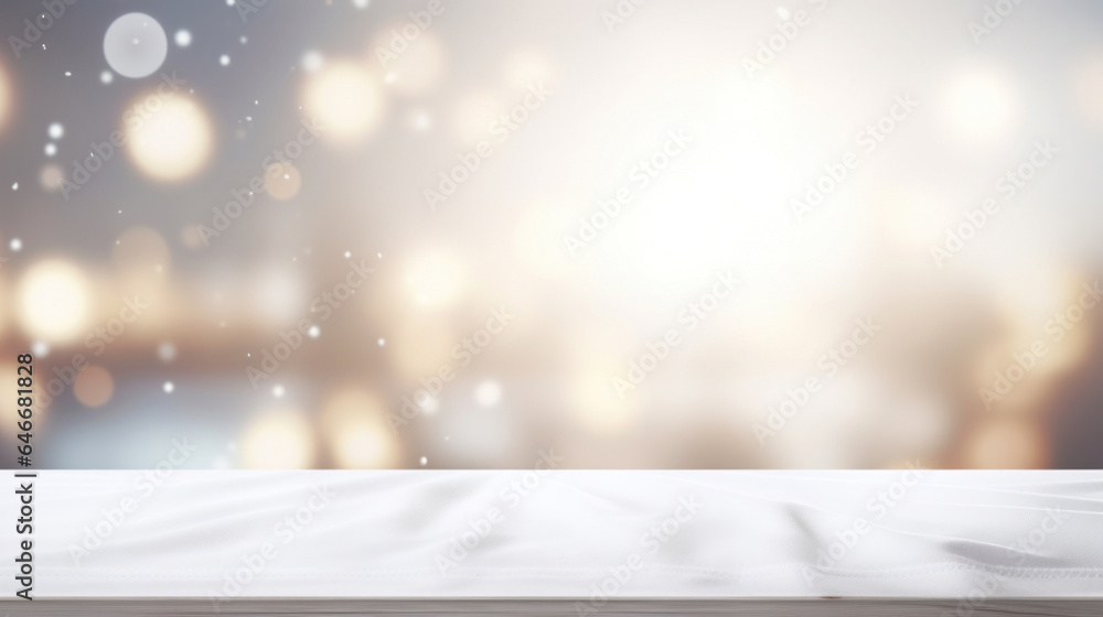Poster white empty table background on blurred glitter background