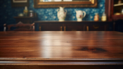 Old wooden empty table background on blurred vintage kitchen