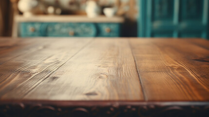 Old wooden empty table background on blurred vintage kitchen