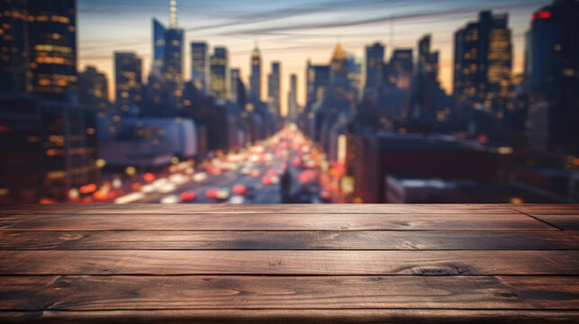 Blank wooden tabletop with a blurred city background