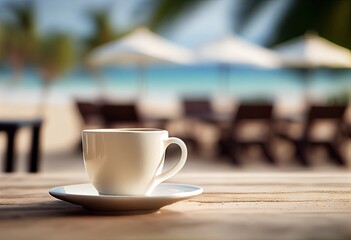 Fototapeta premium Sea and sunrise in morning. Sipping serenity. Morning coffee cup on sandy shore. Seaside delight. Beach cafe