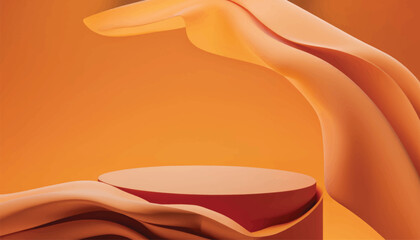 Background display orange podium, with wave flying cloth shape in motion. Nature wind. Beauty, cosmetic product presentation stand. Dark pedestal, branding mockup advertisement vector illustration.