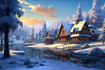 A snowy winter illustrated snow landscape during the day. A few log cabins stand on a frozen lake.