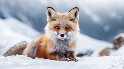 A fluffy red fox with brown eyes and fur lying on the snow in Gran Paradiso National Park during the winter