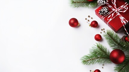 Gifts, branches from a fir tree, and some red stuff on a white background. It's all about the holidays, winter, and the new year. It's got a flat layout, a top view, and copy space.