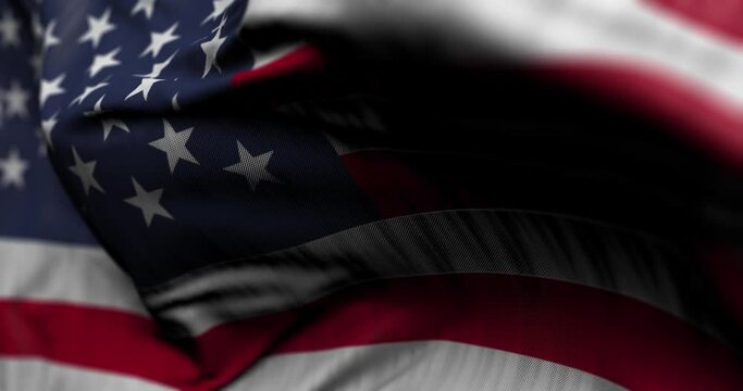 Close up cycled background of USA flag waving on the wind, fullscreen slow motion looped footage