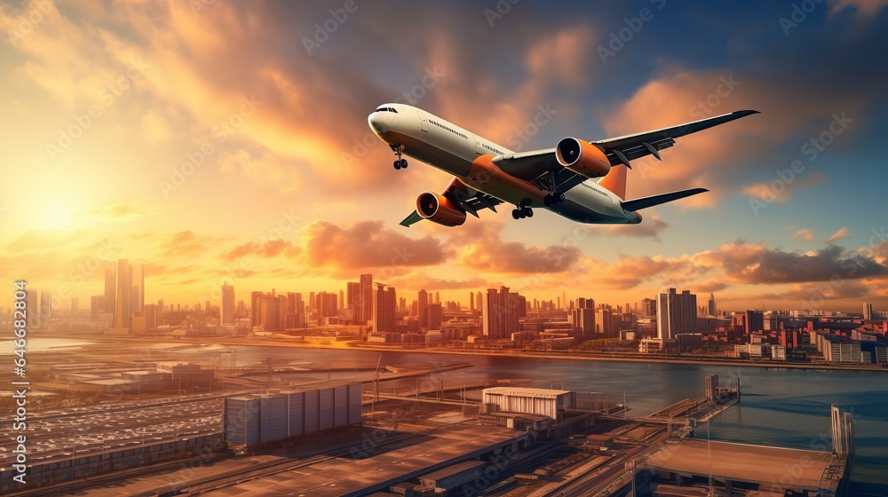 Wall mural a cargo plane takes off over the ocean to pick up shipping containers. it's a way to manage logistic