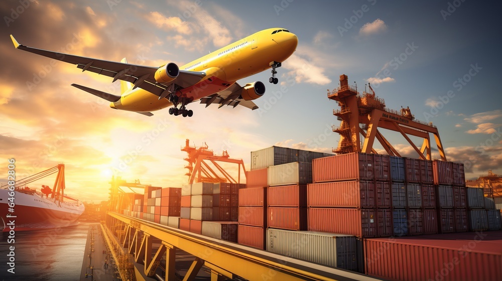 Canvas Prints a cargo plane takes off over the ocean to pick up shipping containers. it's a way to manage logistic