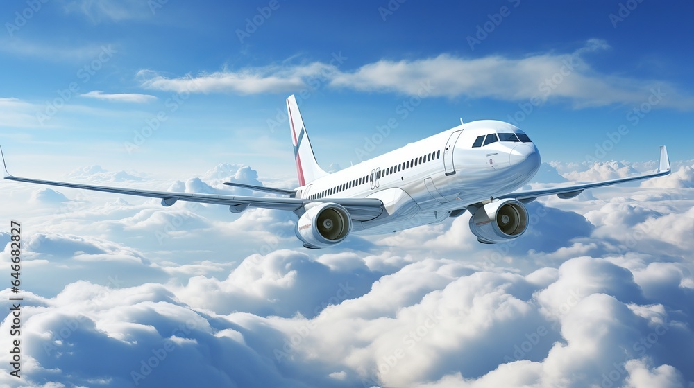 Wall mural a white passenger plane takes off in the sky, with stunning clouds in the background.