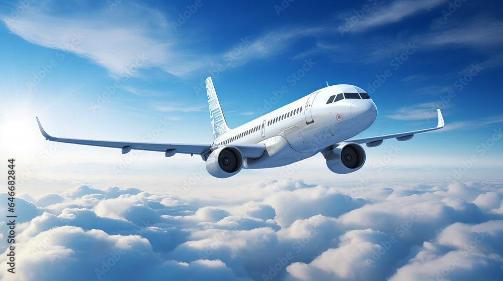 Wall mural a white passenger plane takes off in the sky, with stunning clouds in the background.