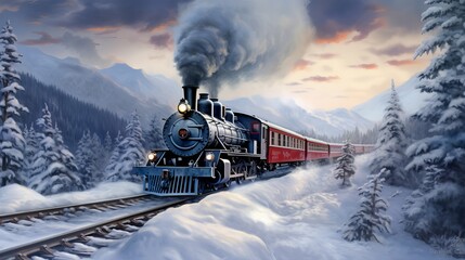 The winter snow travel scene with a steam train ride. - obrazy, fototapety, plakaty