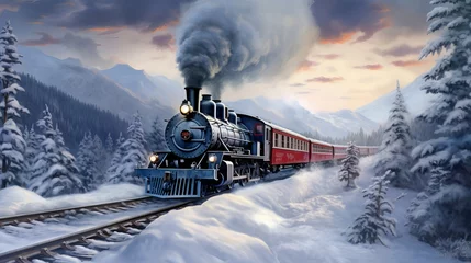 Fotobehang The winter snow travel scene with a steam train ride. © Suleyman