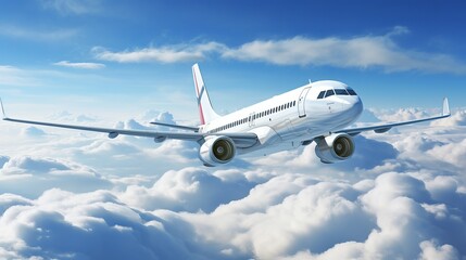 Obraz premium A white passenger plane takes off in the sky, with stunning clouds in the background.