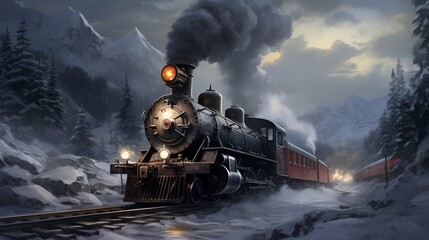 a beautiful train and a wintery landscape - obrazy, fototapety, plakaty