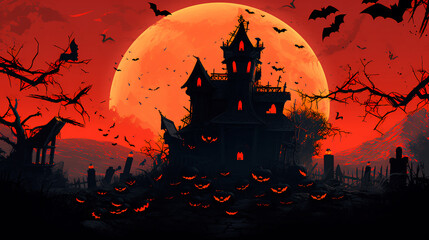 halloween, pumpkin, moon, night, vector, autumn, bat, tree, house, horror, holiday, silhouette, castle, dark, spooky, cartoon, illustration, scary, haunted, bats, Generated by AI