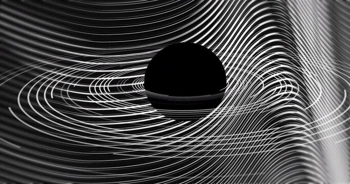 Black circle over moving white parallel line waves on black background