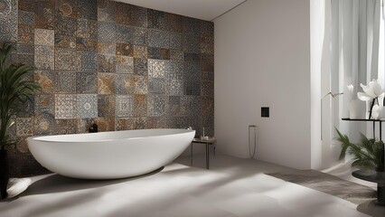 Fototapeta na wymiar Luxurious Bathroom Retreat with Elegant Tiles and Bathtub