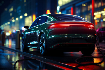 A green electric car charging on a city street at night